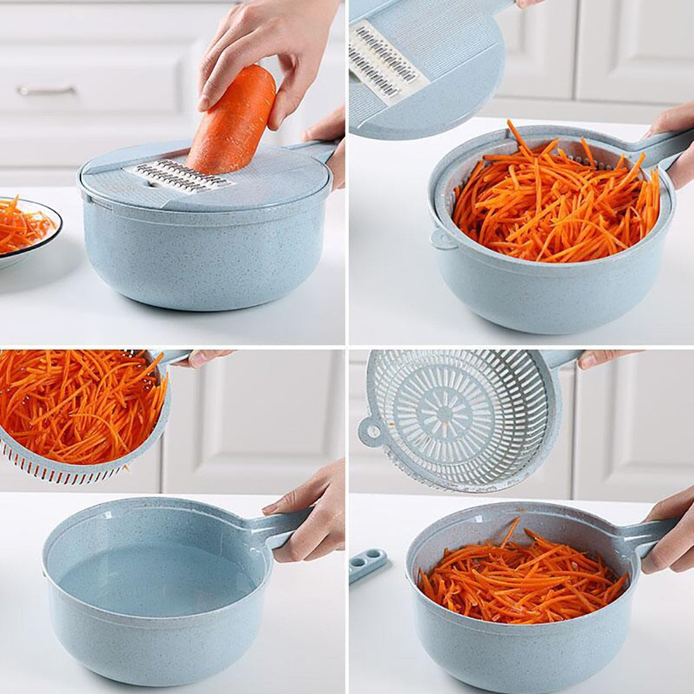 125 Mandoline 8 en 1 avec passoire intégrée, coupe-légumes et épluche-pommes de terre